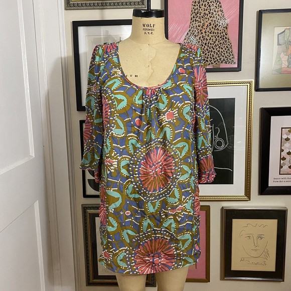NWT Tibi NY 100% silk multicolor 3/4 sleeve sheer tunic top beach cover up sz M - Picture 3 of 9